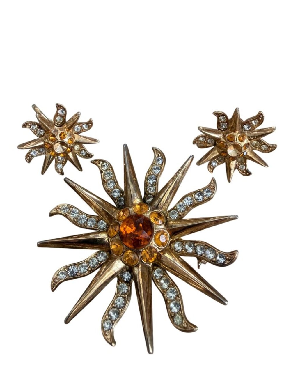 Vintage Atomic Starburst Gold-Tone Sunburst Brooch & Screw Back Earrings READ